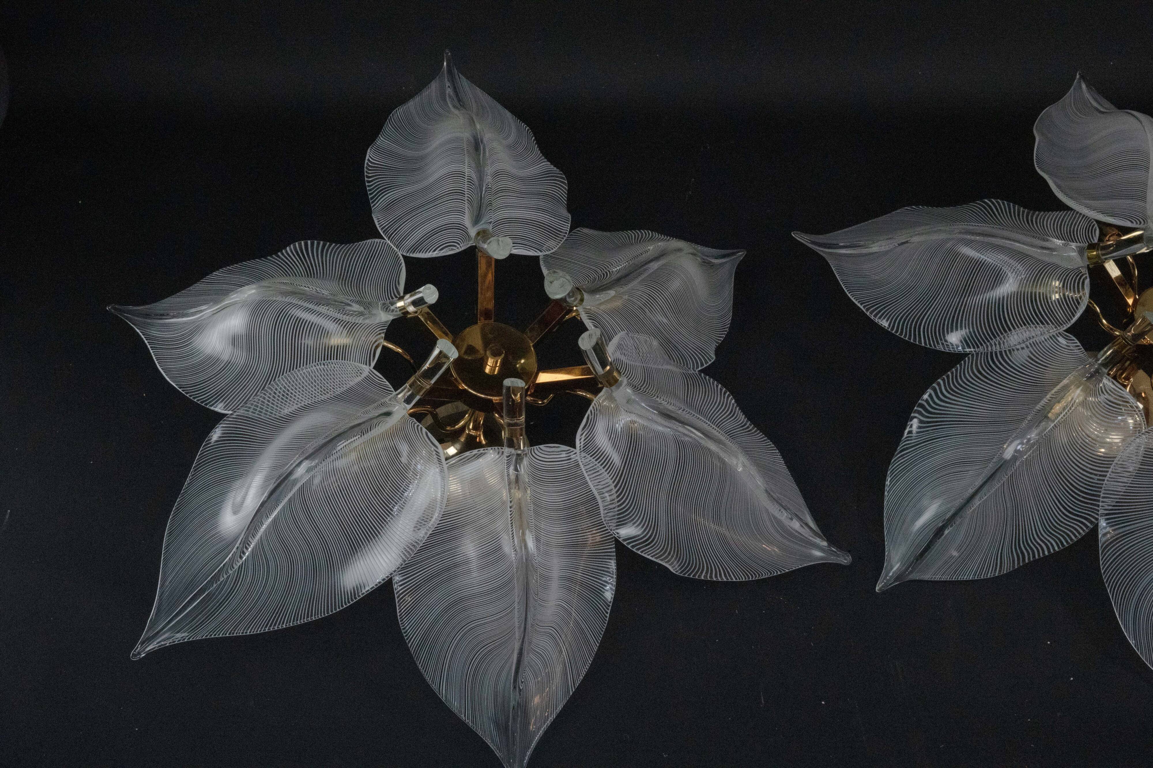 Plafonniers en verre de Murano en forme de feuille Franco Luce des années 1970.