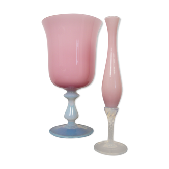 Set of 2 vases in opalescent pink opaline