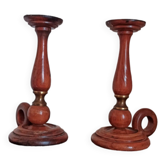 Set of 2 candlesticks in wood and brass