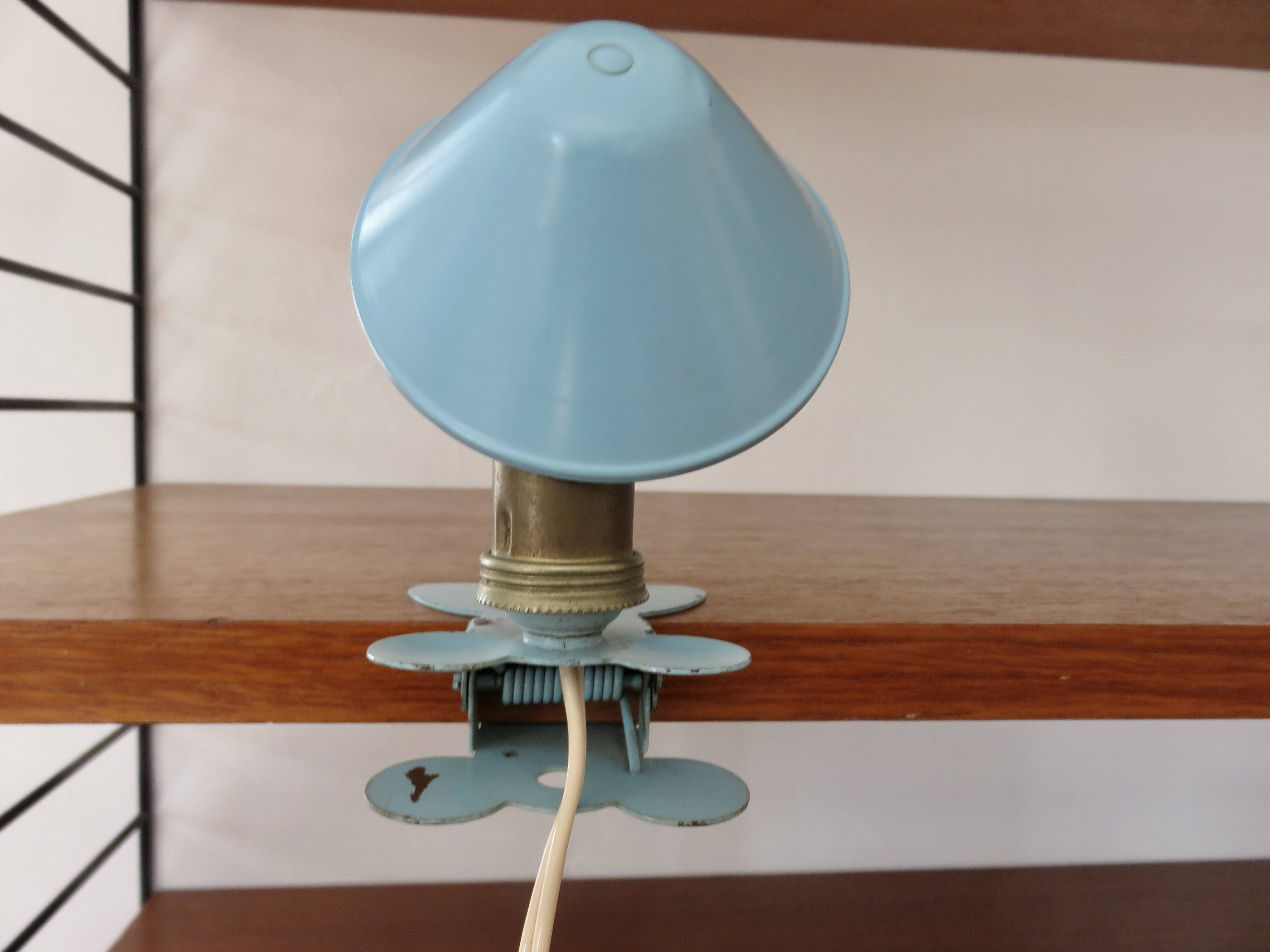 Blue aluminum mushroom clip lamp from the 50s and 60s