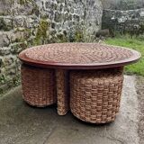 Table basse et 3 tabourets en corde 1970