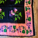 Oltenian floral rug handwoven in wool, purple flowers on black and pink background