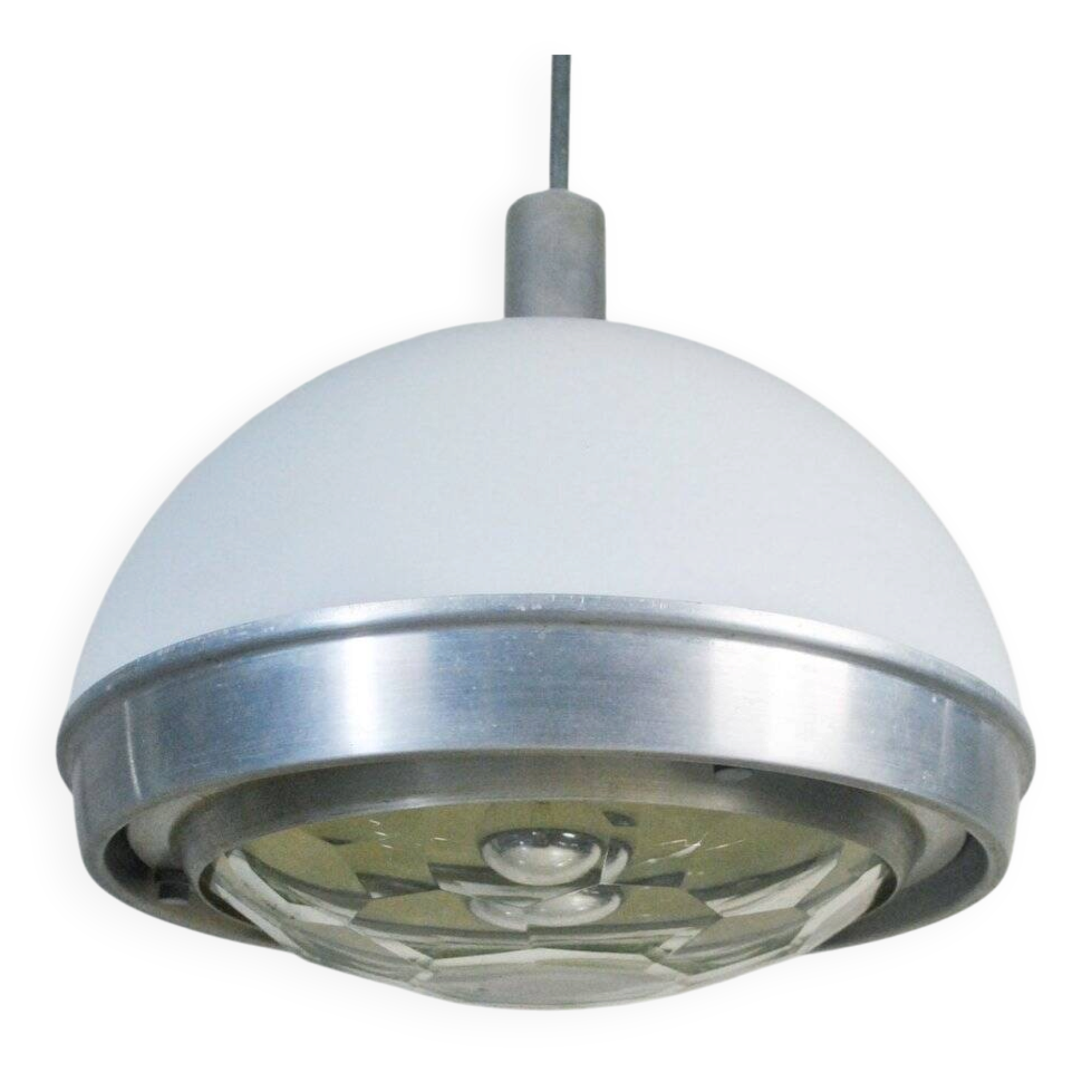 Suspended lamp in plexiglass and steel with faceted glass light by Pia Guidetti Crippa, 1960s.