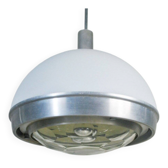 Suspended lamp in plexiglass and steel with faceted glass light by Pia Guidetti Crippa, 1960s.