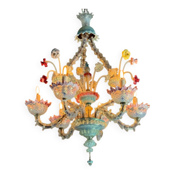 Lustre vénitien Rezzonico en verre de Murano multicolore, vers 1900