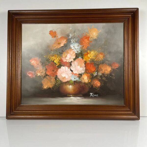 Tableau décoratif vintage représentant une nature morte florale, signé Frederik.
