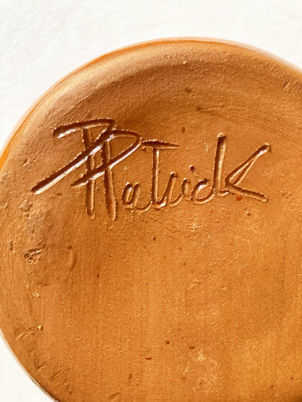 4 large orange enameled ceramic cups, signed