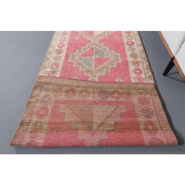 Vintage Turkish Hand-Knotted Wool Cotton Pink Runner Rug 92x364