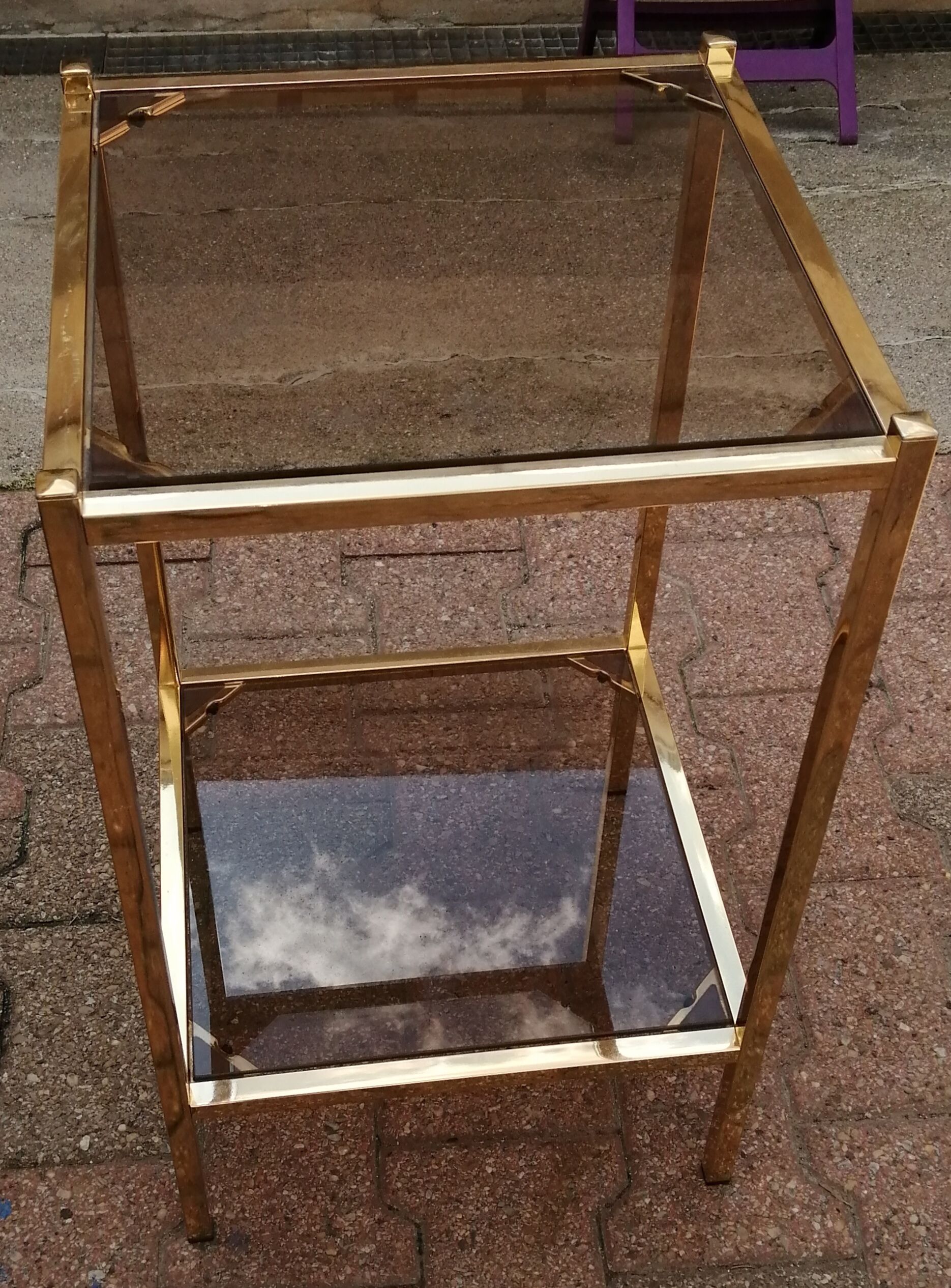 Golden side table and smoked glass 60s-70s