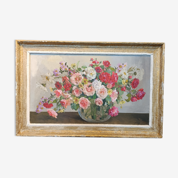Tableau ancien "bouquet de fleurs" de 1938