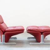 Armchair and pouf in red leather, Vitelli and Ammannati, for Brunati 70/80