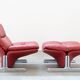 Armchair and pouf in red leather, Vitelli and Ammannati, for Brunati 70/80