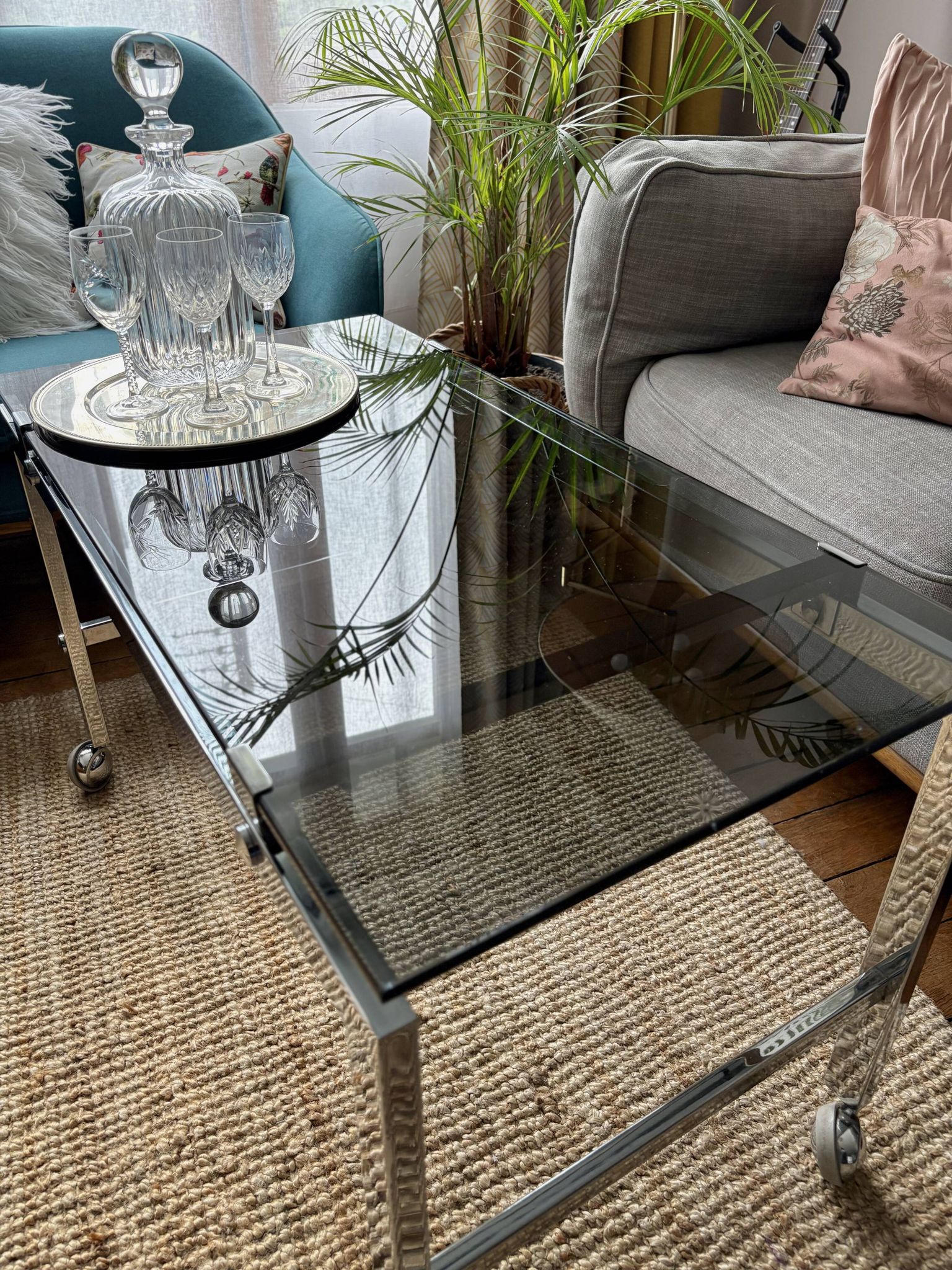 Chrome and smoked glass coffee table on wheels 1970