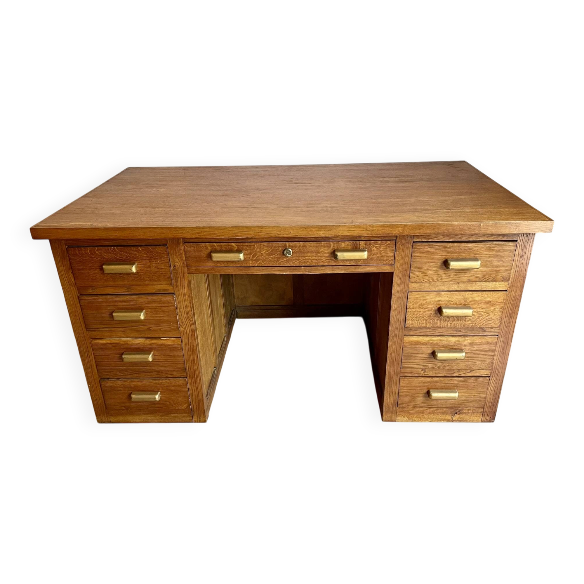 Bureau de ministre vintage double caisson en chêne – Milieu de pièce