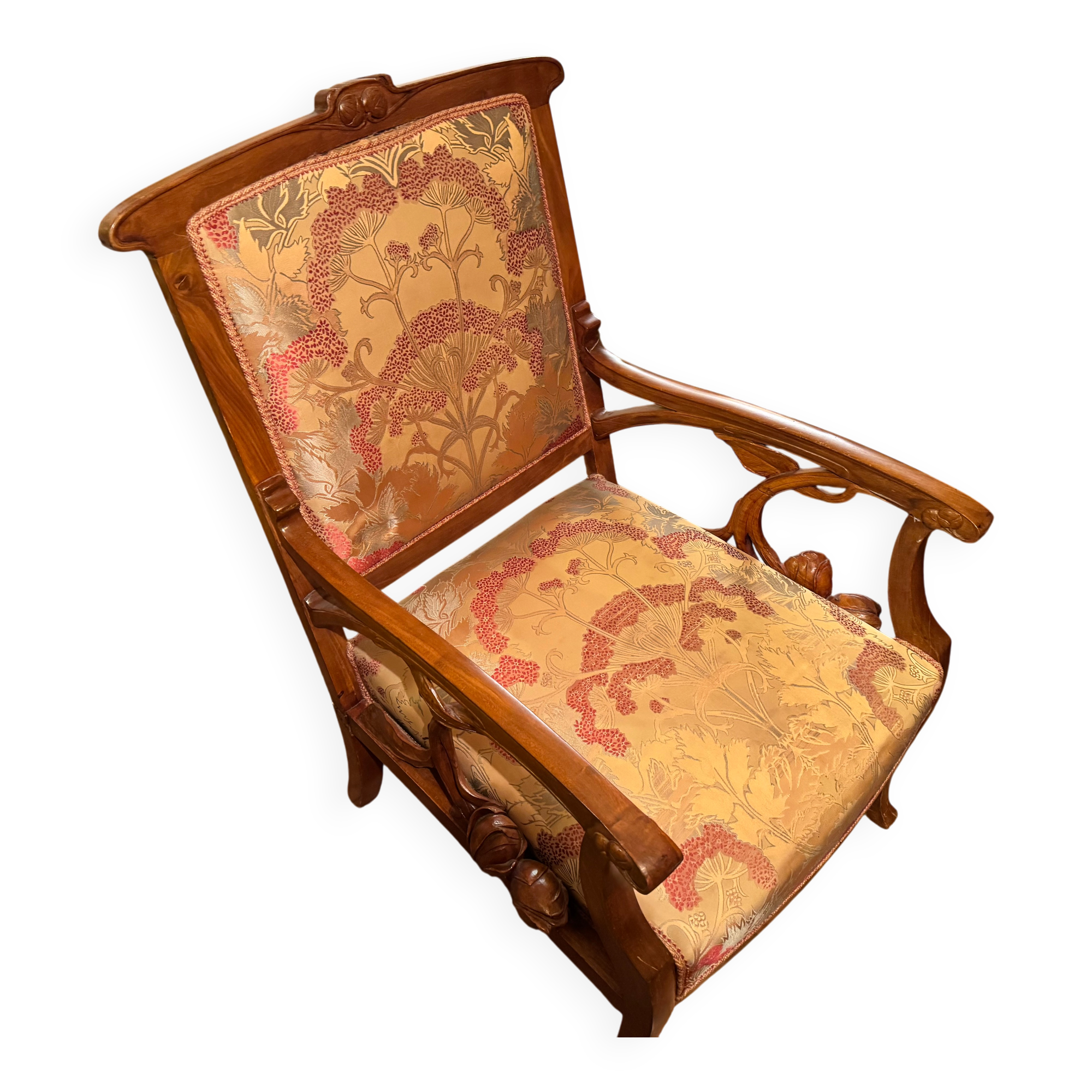 Salon 1900 signed by architect Basilé, 3 armchairs, 2 chairs, 2 ottomans.