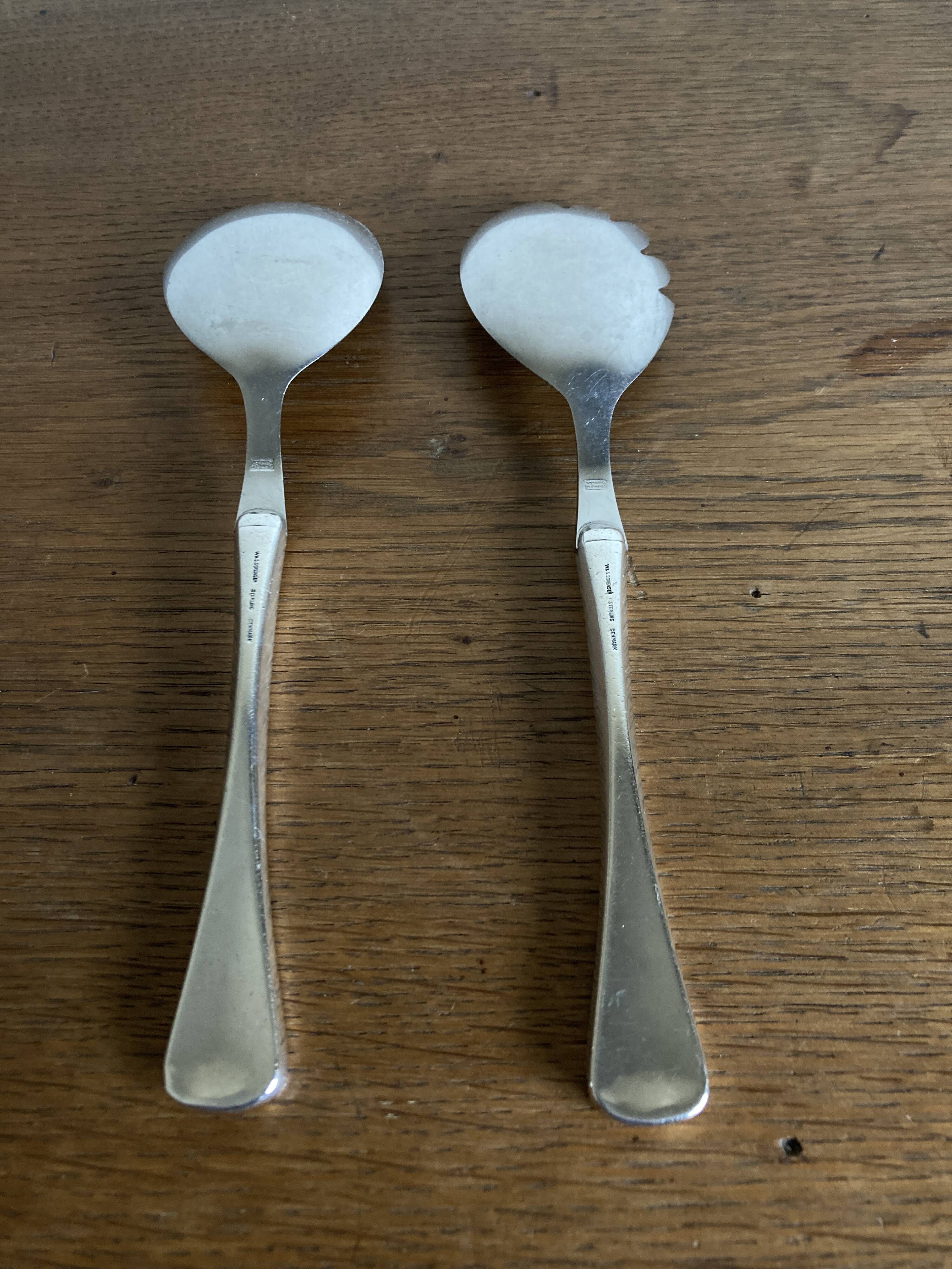 Midcentury Denmark Sorensen sterling silver salad server set 1959