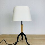 Wrought iron and wood tripod lamp