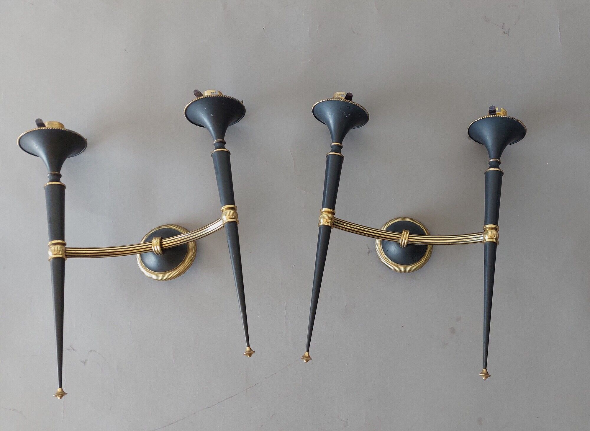 Pair of Maison Arlus torchiere sconces in gold brass and black lacquered 1960