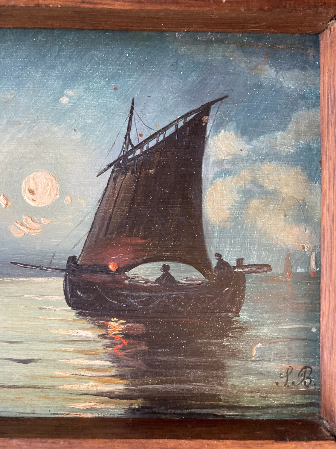 Painting. Oil on wood. Seascape, night, moonlight, fishing boat