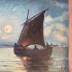 Painting. Oil on wood. Seascape, night, moonlight, fishing boat