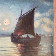 Painting. Oil on wood. Seascape, night, moonlight, fishing boat