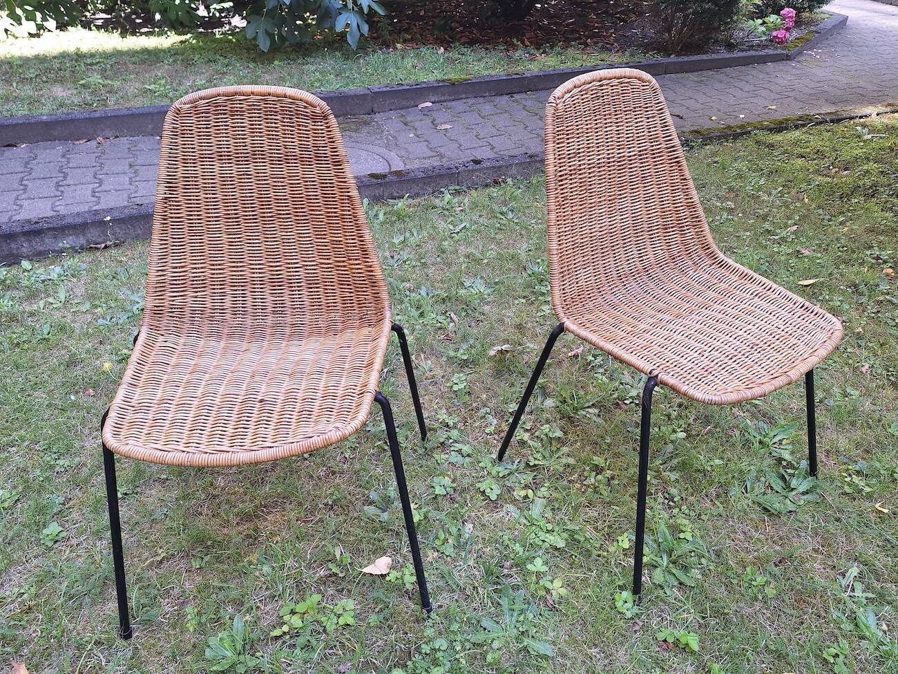Pair of Legler rattan and metal dining / stacking chairs, Switzerland 1960s