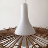 Scandinavian cylindrical pendant lamp with rattan dial and opaline in real and smoked glass