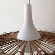 Scandinavian cylindrical pendant lamp with rattan dial and opaline in real and smoked glass