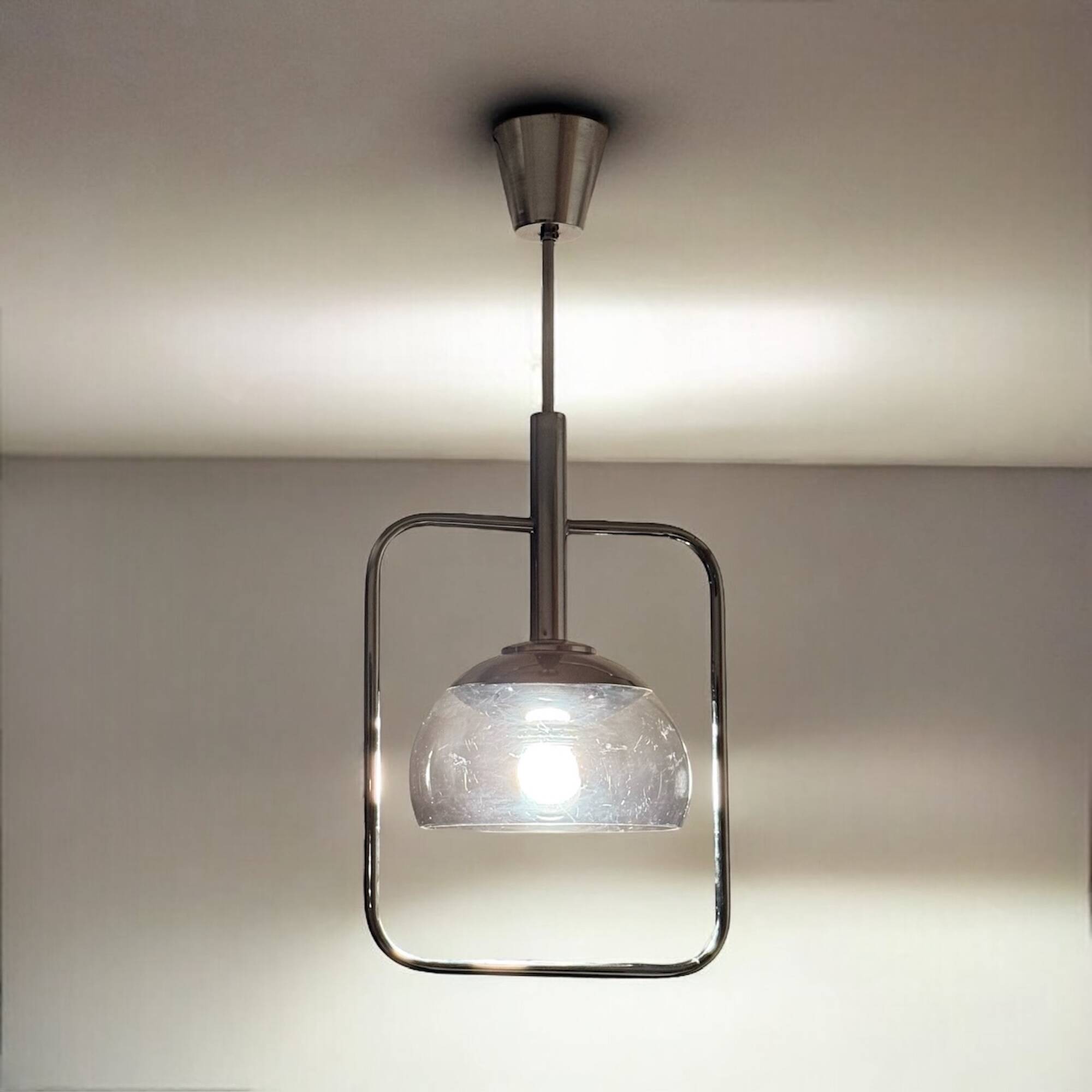 Space Age Pendant Lamp in Chrome Metal and Smoked Plexiglass, 1970s