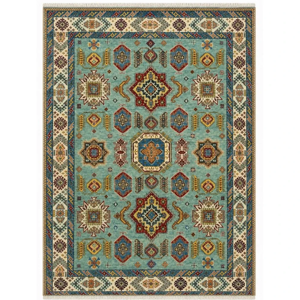 Contemporary Handmade Wool Area Rug, Turquoise Geometric Pattern Carpet for Living Room