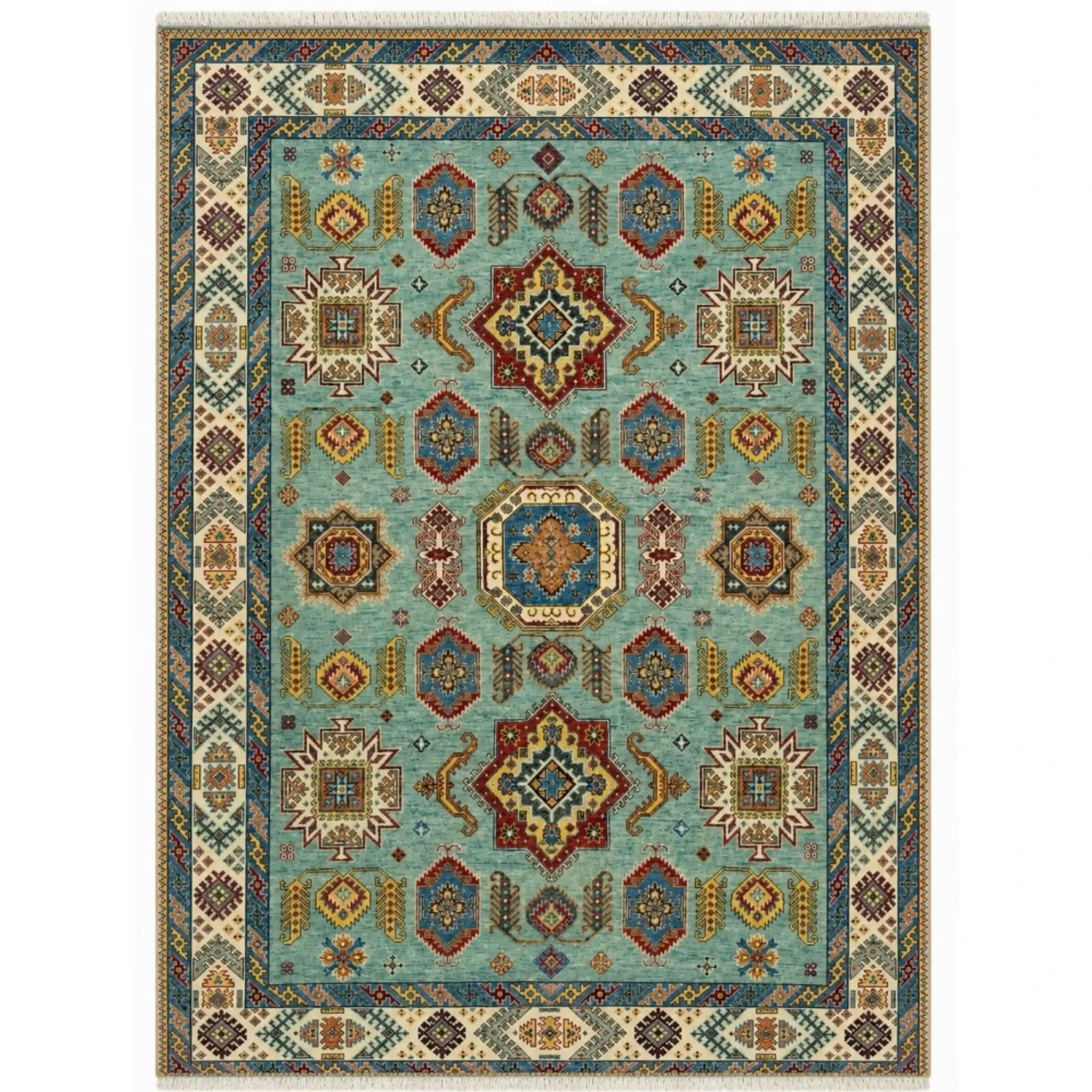 Contemporary Handmade Wool Area Rug, Turquoise Geometric Pattern Carpet for Living Room