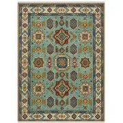 Contemporary Handmade Wool Area Rug, Turquoise Geometric Pattern Carpet for Living Room