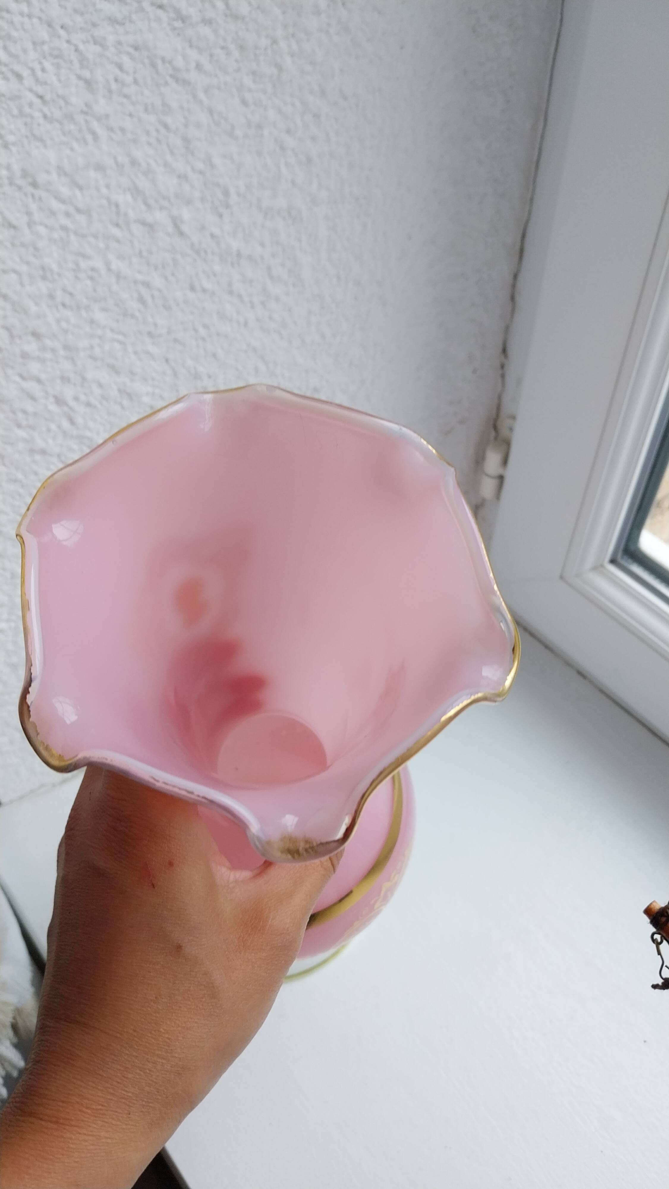 Opaline pink vase with cameo and gilding, 35cm