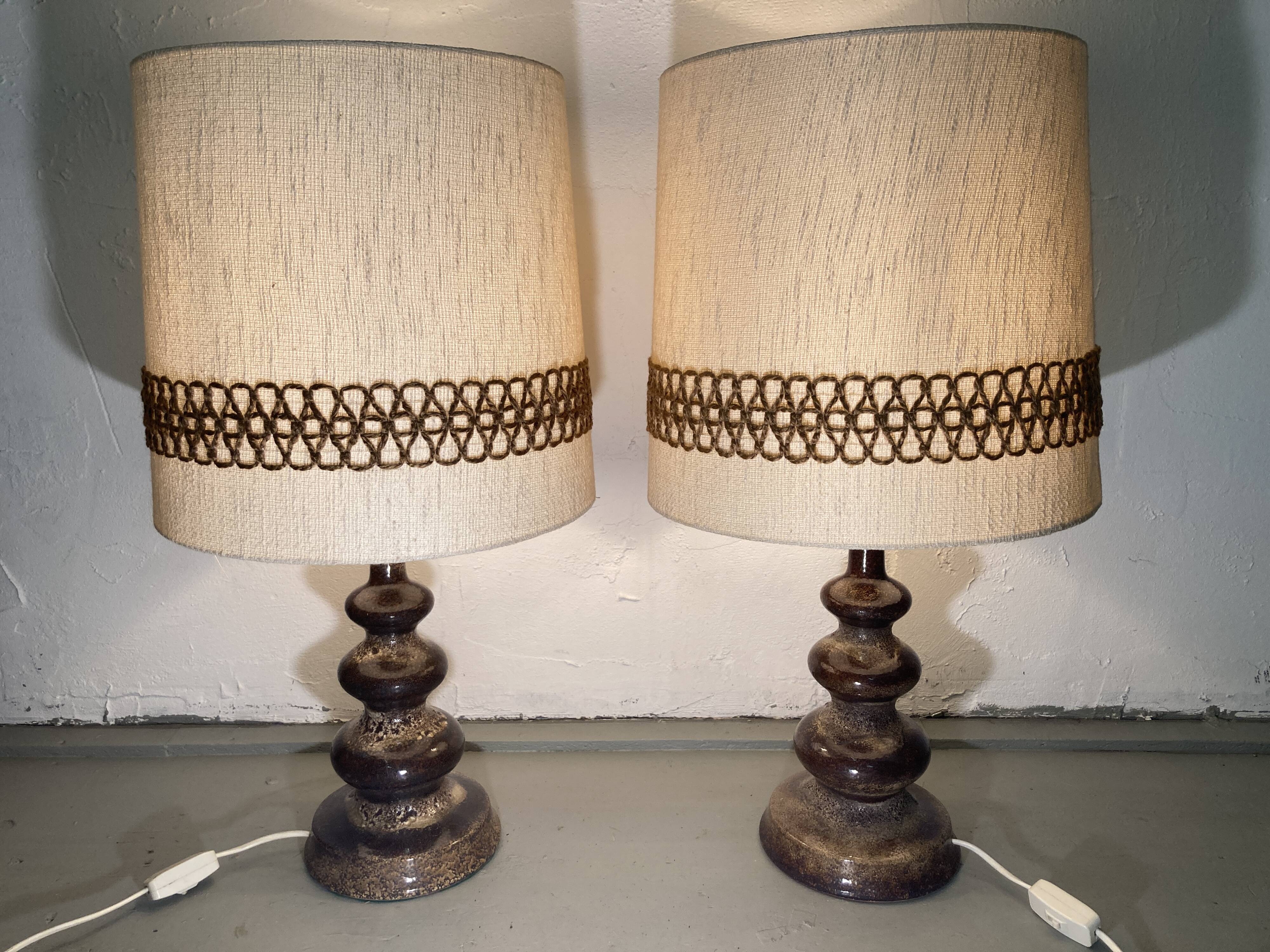 Pair fat lava ceramic curvy organic table lamps, Germany, 1960s