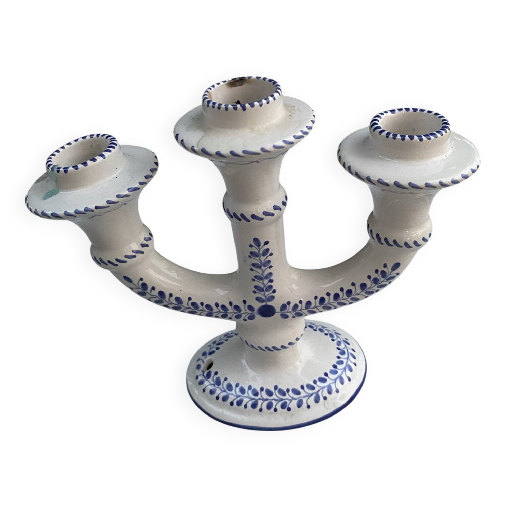 🕯️ 3-branch chandelier in handcrafted earthenware – Blue and white decor