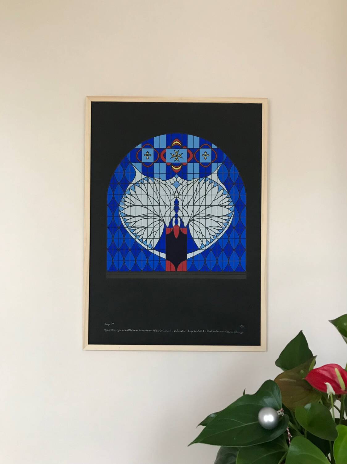 Original lithograph by franco borga. stained glass window, st-martin-des-rosiers
