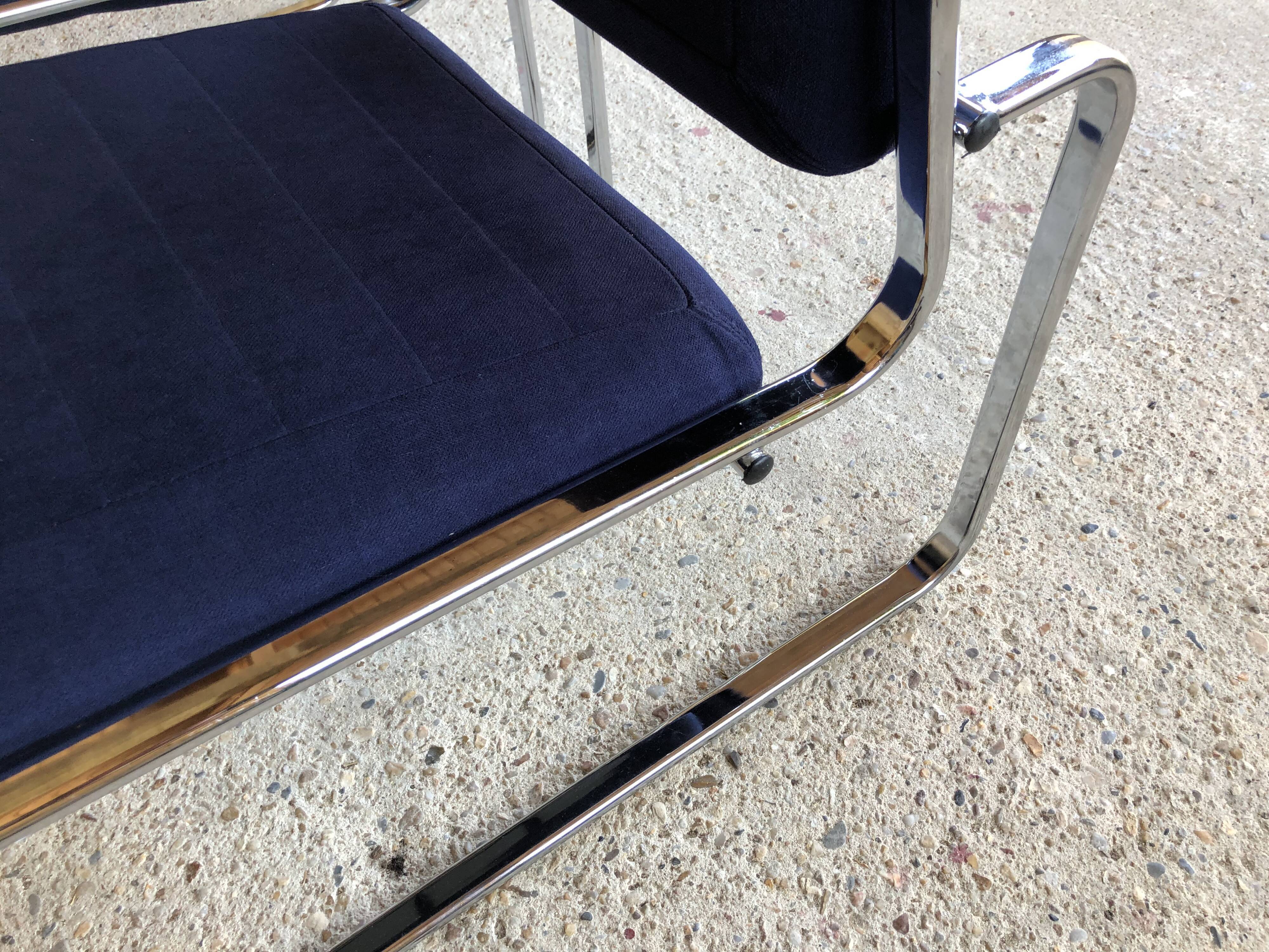 Pair of vintage chrome and blue microfibre armchairs circa 70