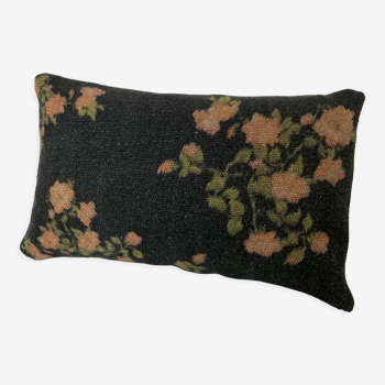 Linen cushion floral pattern black pinks