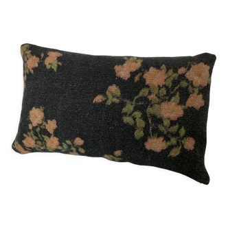 Linen cushion floral pattern black pinks