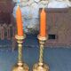 Set of two candlesticks in brass dore, pattern of ivy leaves chiseles on the columns, vintage
