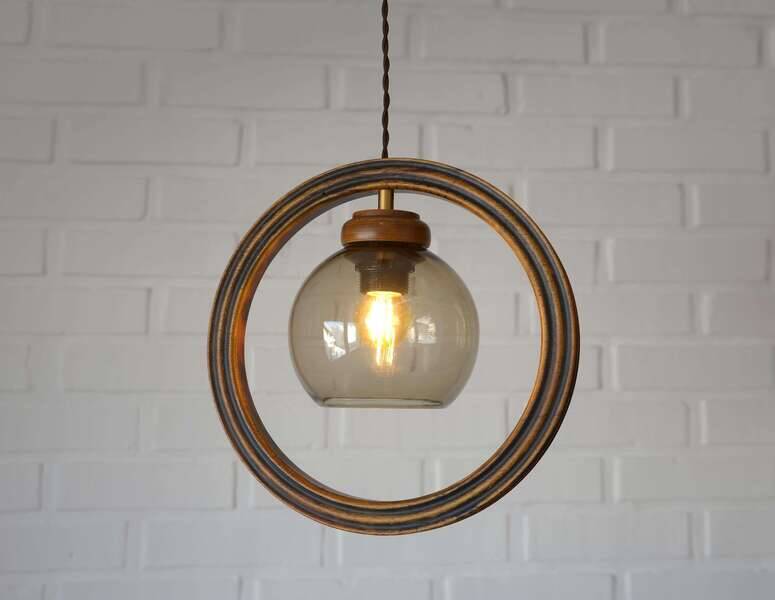 Wooden hanging light / vintage handmade rustic pendant lamp 1970's