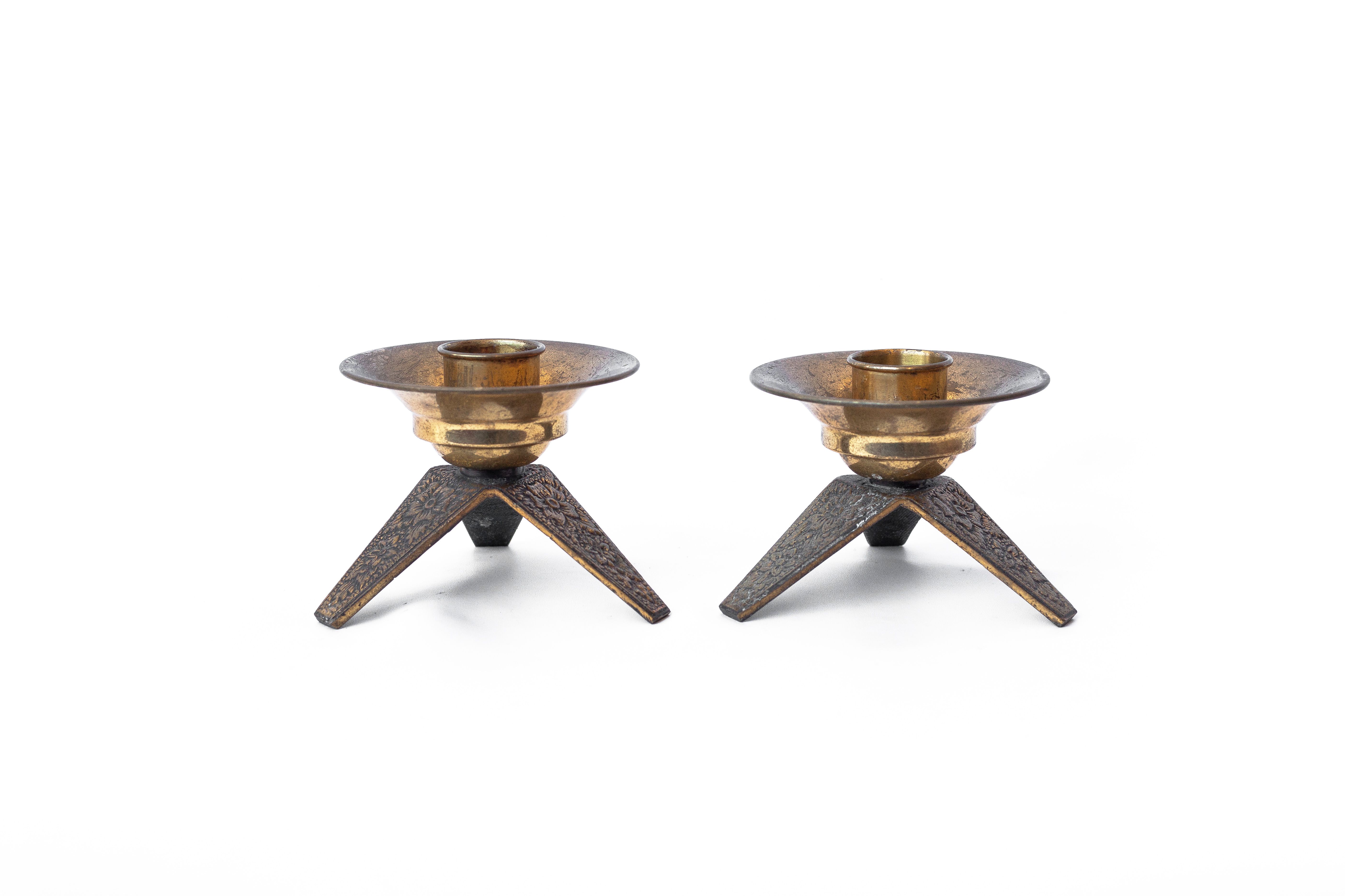 Pair of vintage candle holders, brass candle holders, candle holders, tripod legs, candelabra, floral pattern