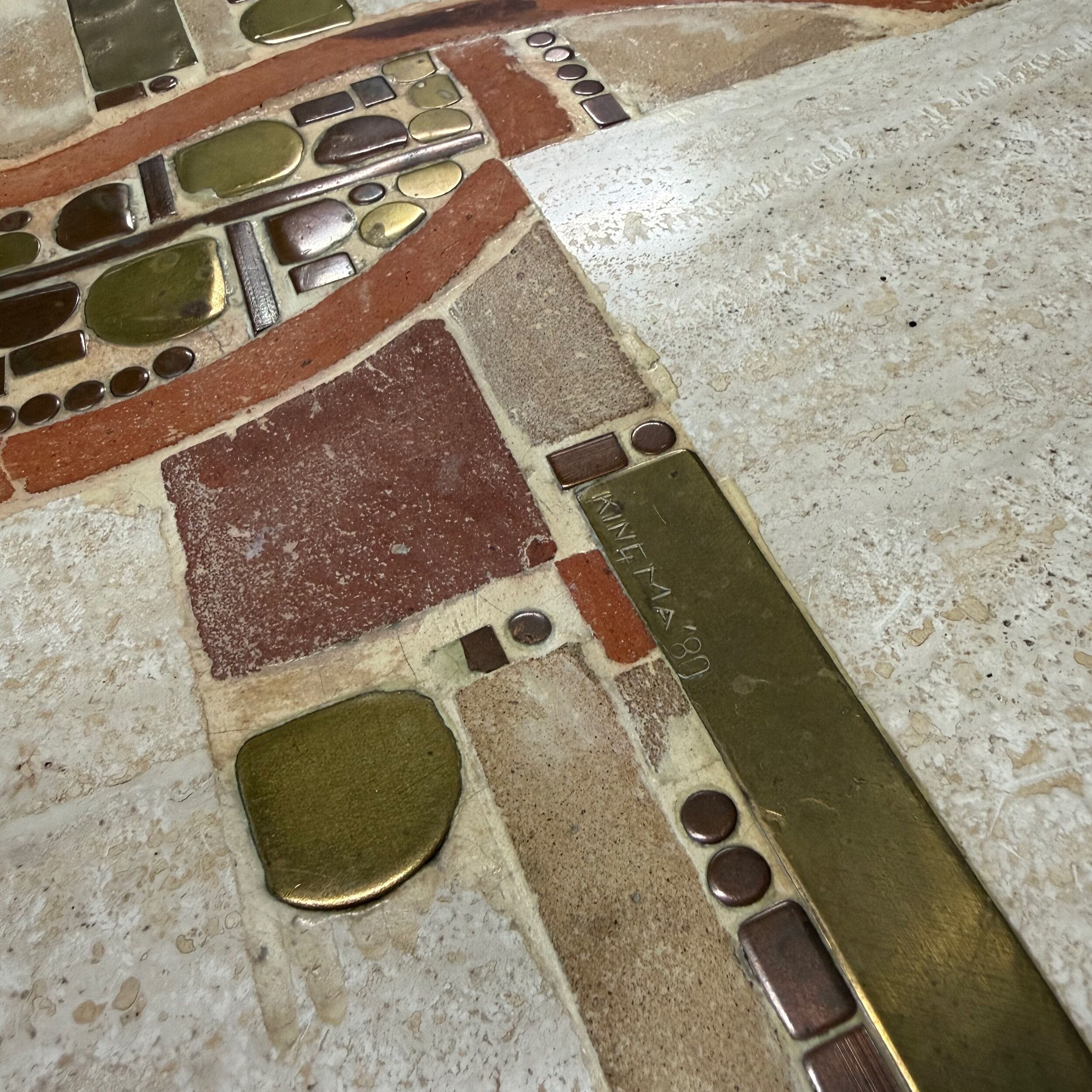 Coffee table by Paul Kingma in travertine with marble and brass inlay, 1980