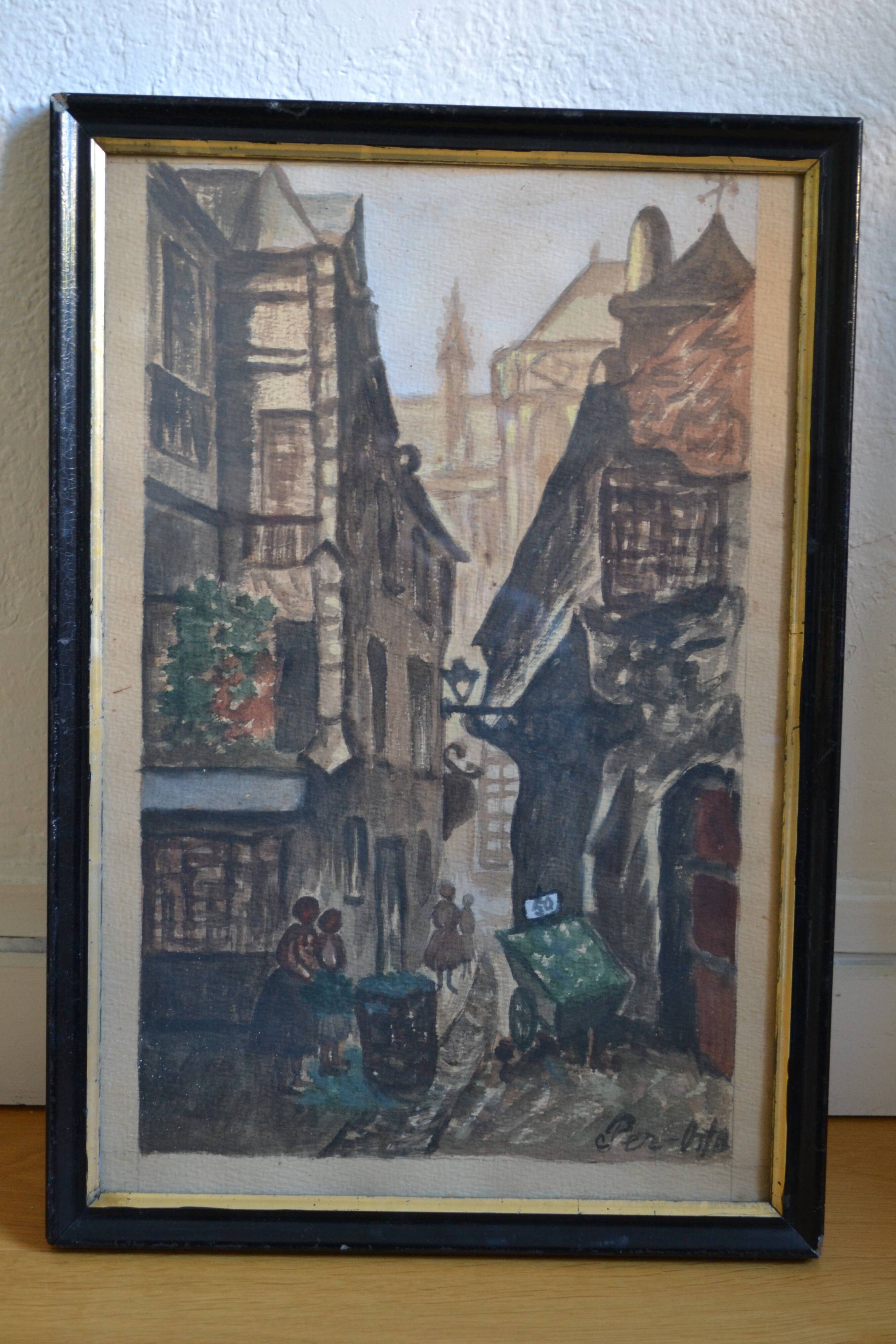 Ancient gouache painting rue brise miche le marais paris