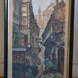 Peinture ancienne gouache rue brise miche le marais paris