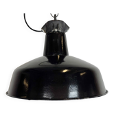 Industrial Black Enamel Factory Lamp with Cast Iron Top, 1950s