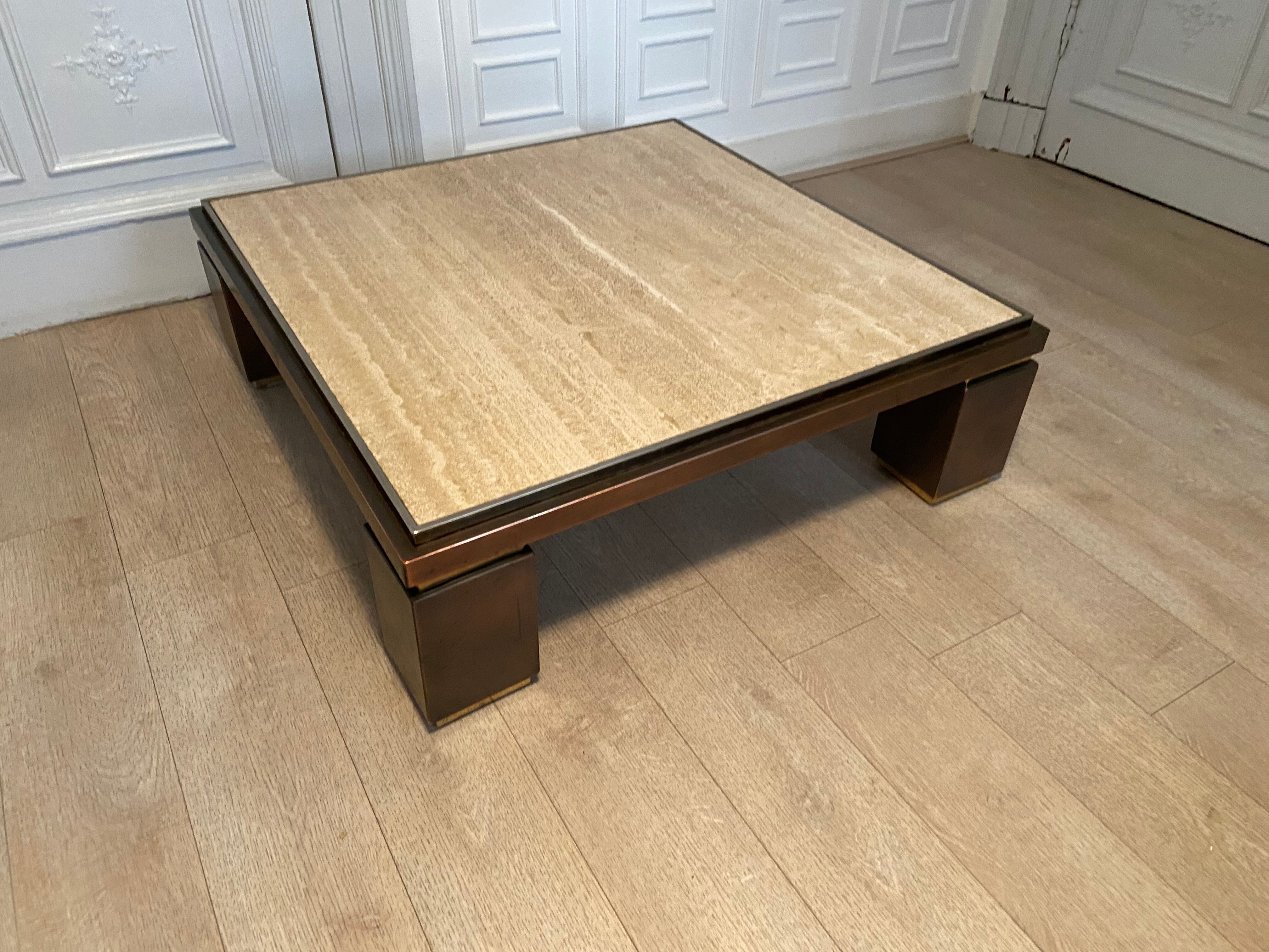 XXL copper brass and travertine square coffee table, Belgo Chrom