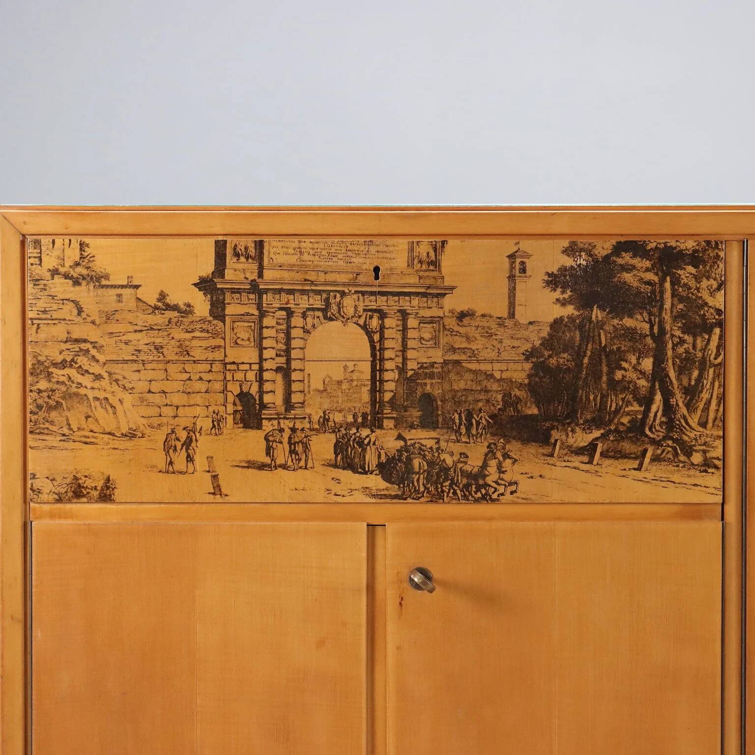 Vintage storage furniture in maple veneer with a glass top, Italian design 1950s.