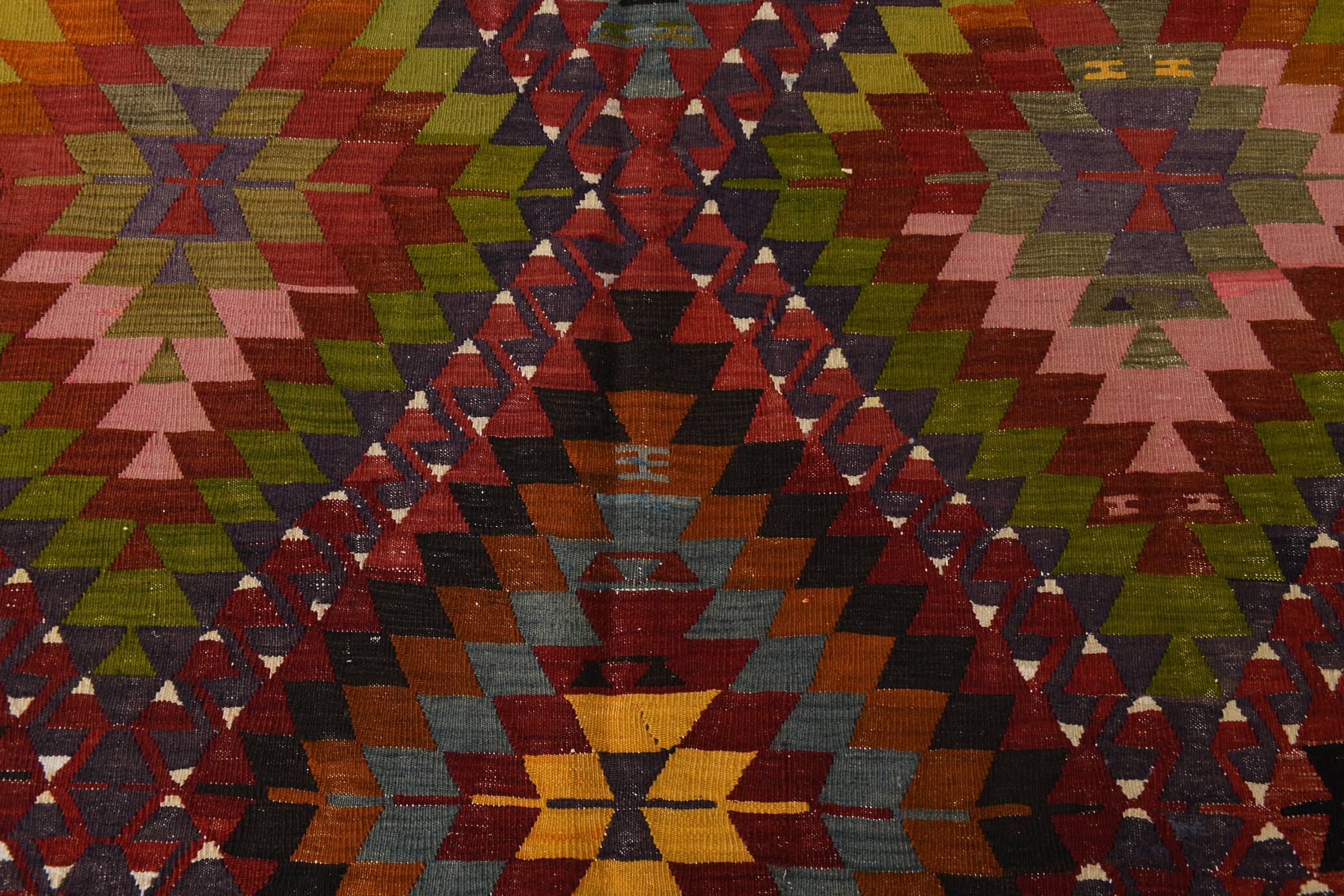 Geometric Pattern Burgundy  Turkish Vintage Kilim Rug, 188x338 Cm