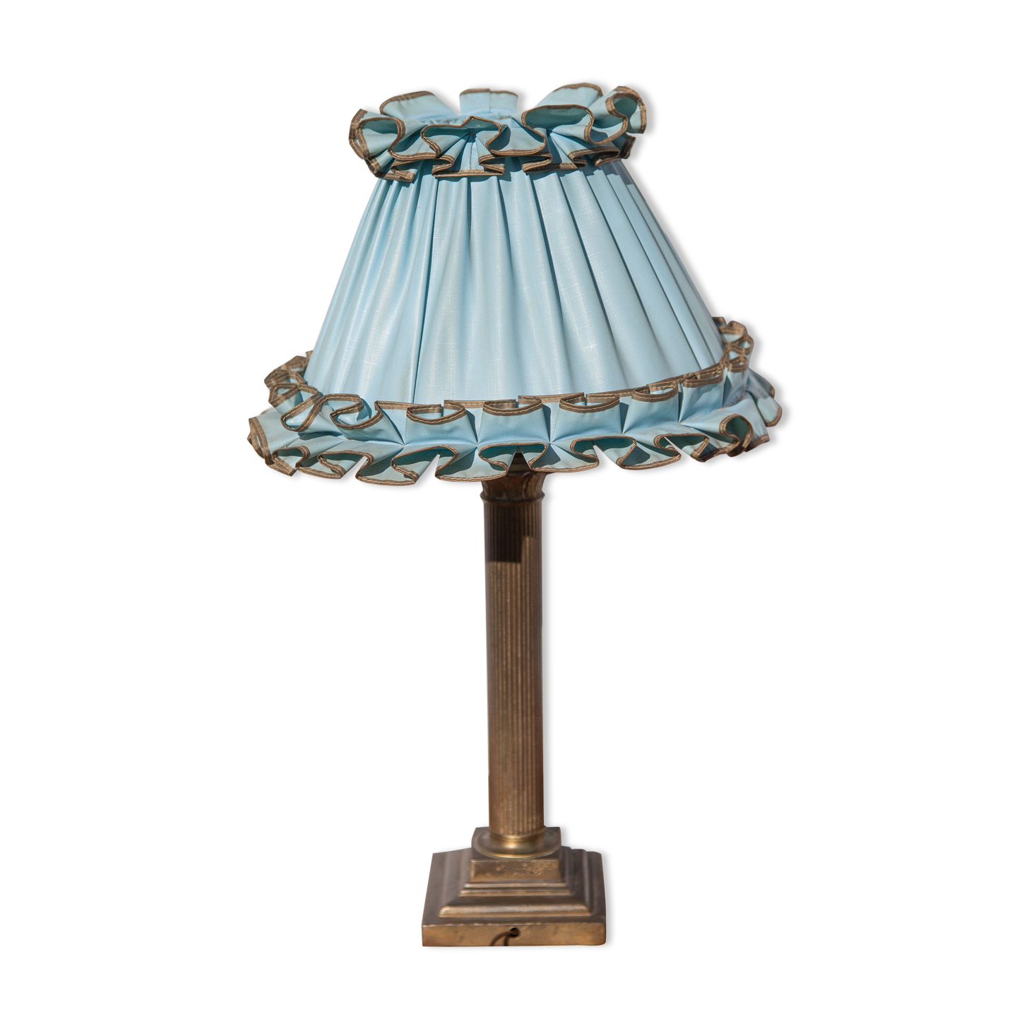 Brass lamp with vintage blue laminated lampshade